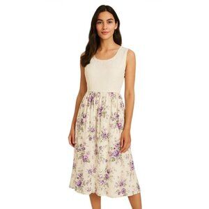 Vintage Floral Midi Dress Cream Size 10